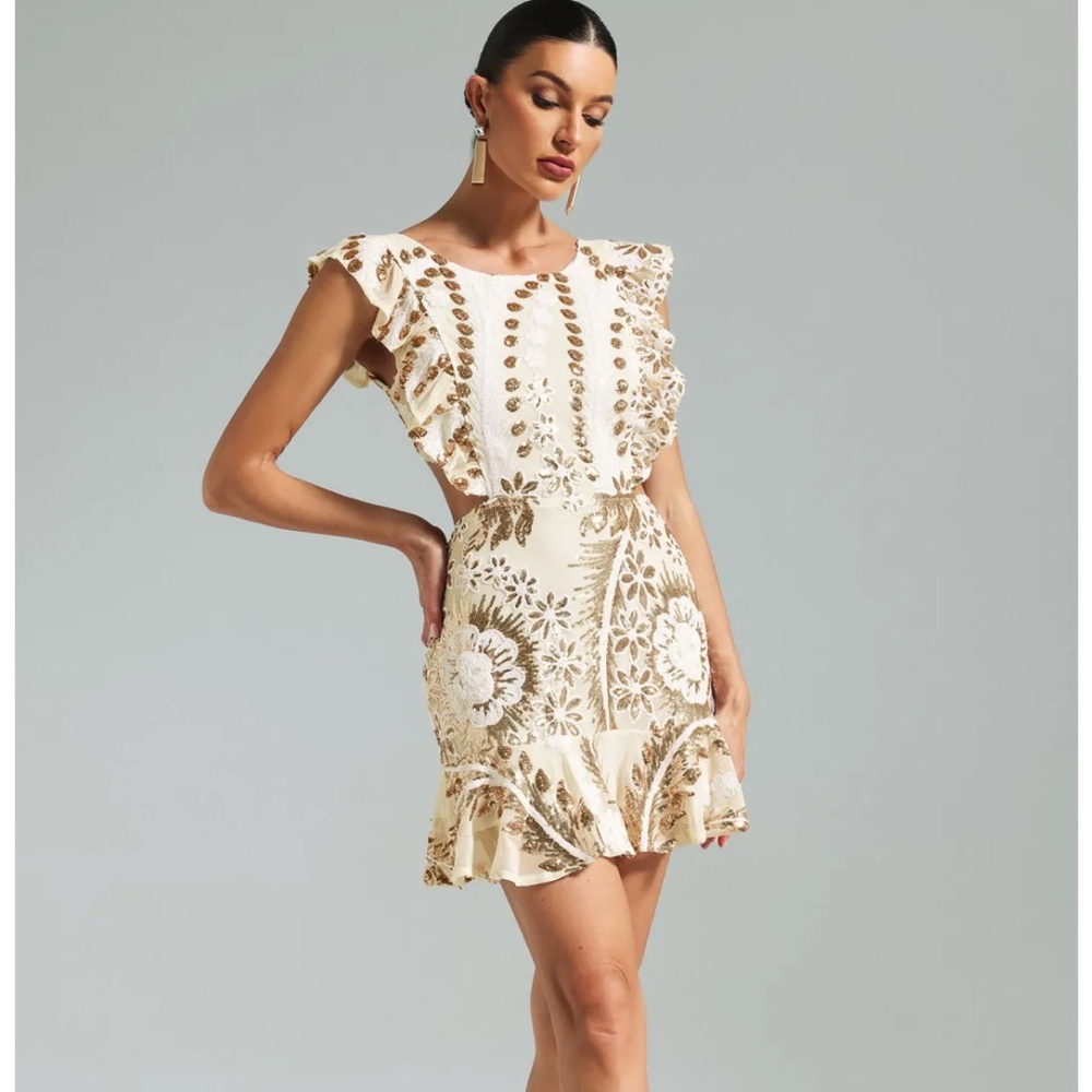 Nude/Gold Sequins Ruffled Mini Dress